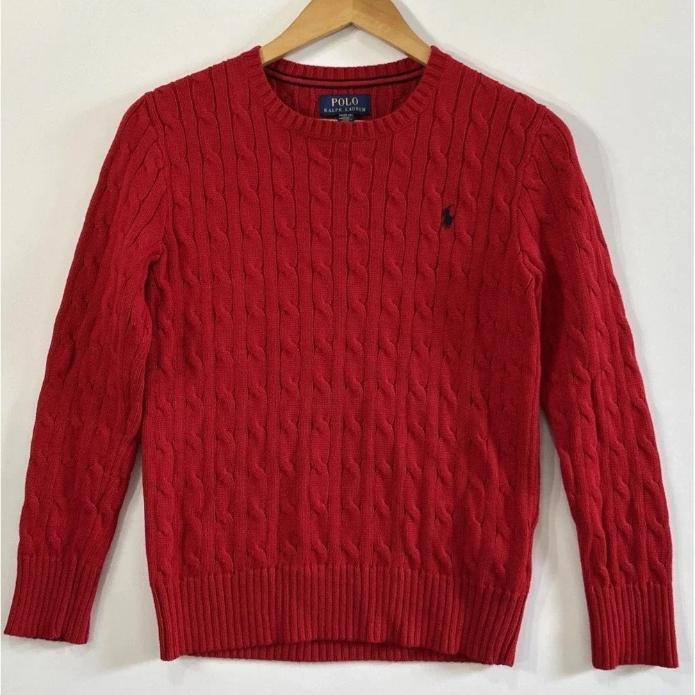 Polo Ralph Lauren Boys Cable Knit Crew Neck Sweater Christmas Red Sz Med 10-12